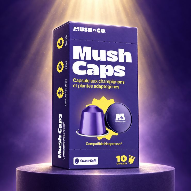 Une boîte Mush Caps posée sur un podium, sous un faisceau de lumière