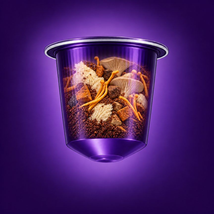 Une capsule Mush Caps vue en coupe, remplie de champignons, de racines et de poudre