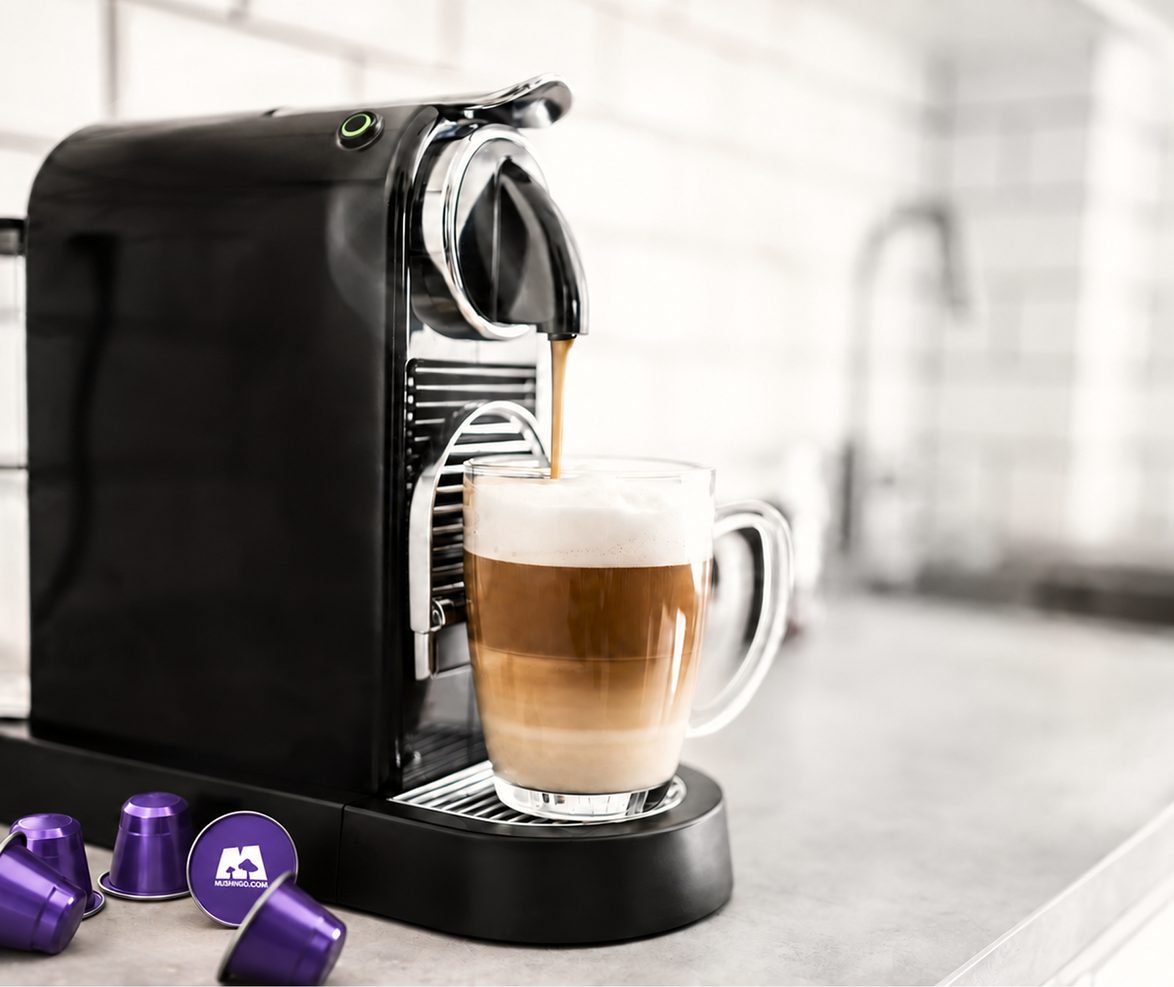 Une machine à capsules noire dans une cuisine, un café au lait qui coule dans un verre, des capsules Mush Caps à côté