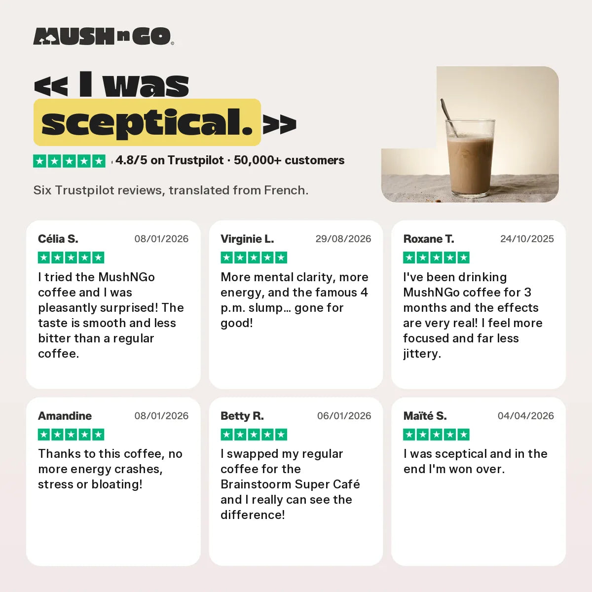 Six Trustpilot reviews, translated from French