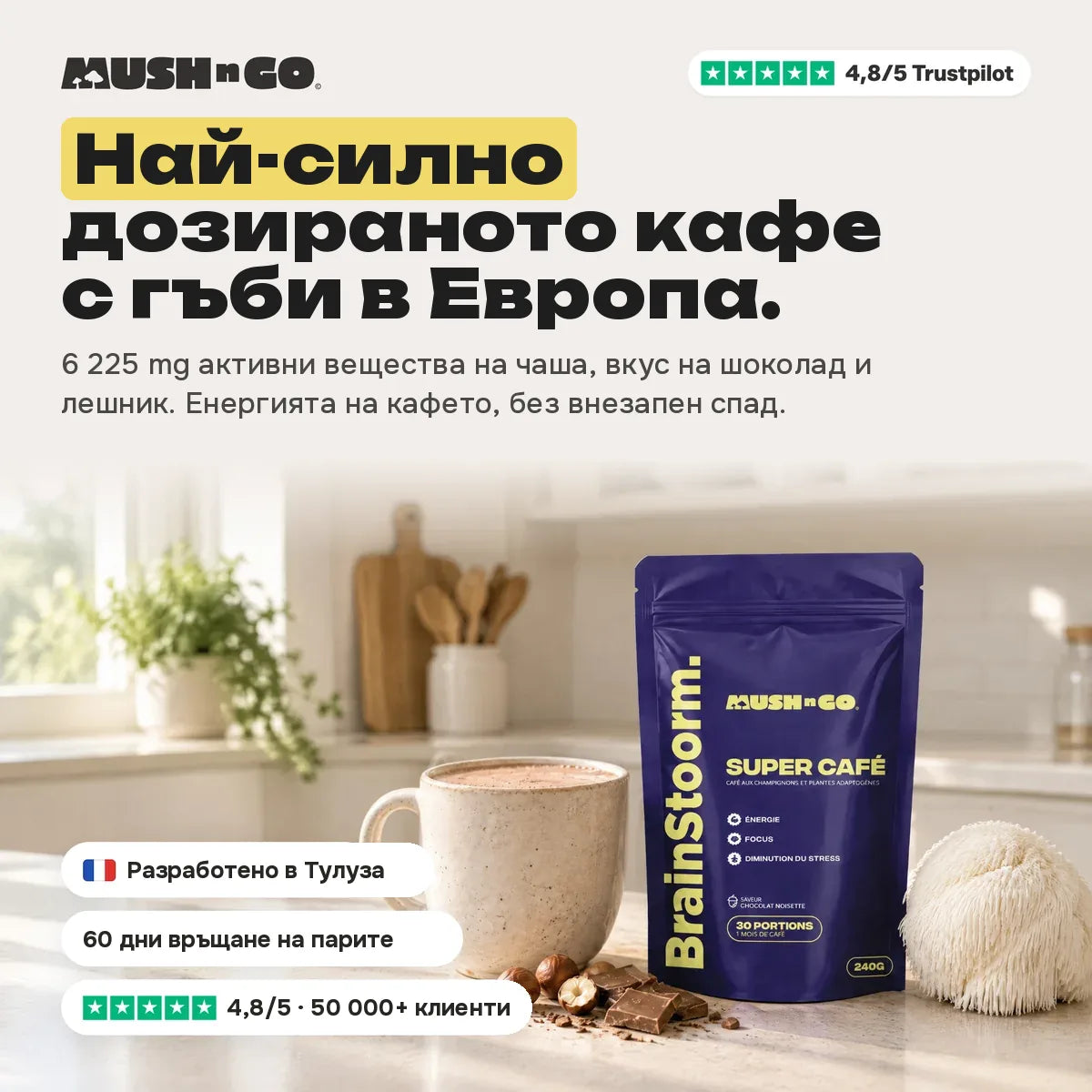 Brainstoorm Chocolat, най-високо дозираното кафе с гъби в Европа
