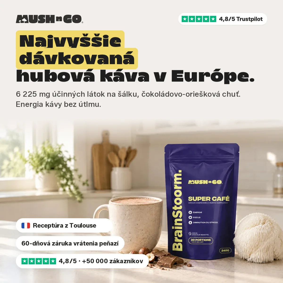 Brainstoorm Chocolat, najsilnejšie dávkovaná hubová káva v Európe