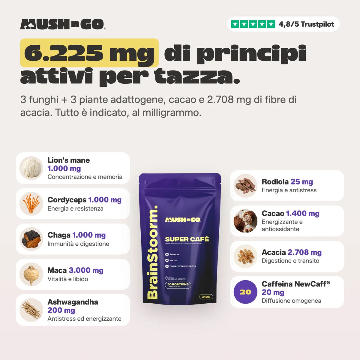 6.225 mg di principi attivi per tazza, ingrediente per ingrediente