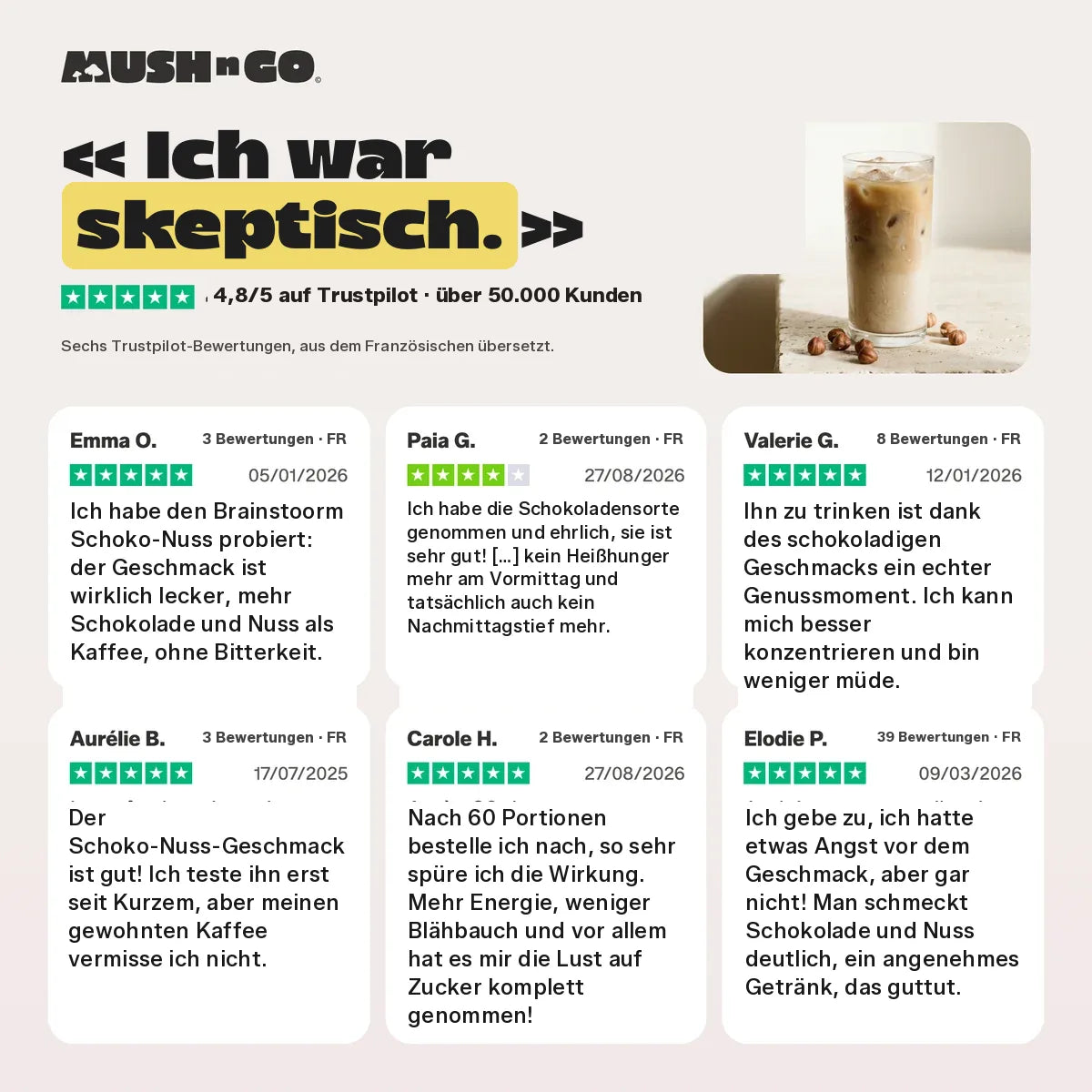 Sechs Trustpilot-Bewertungen, aus dem Französischen übersetzt