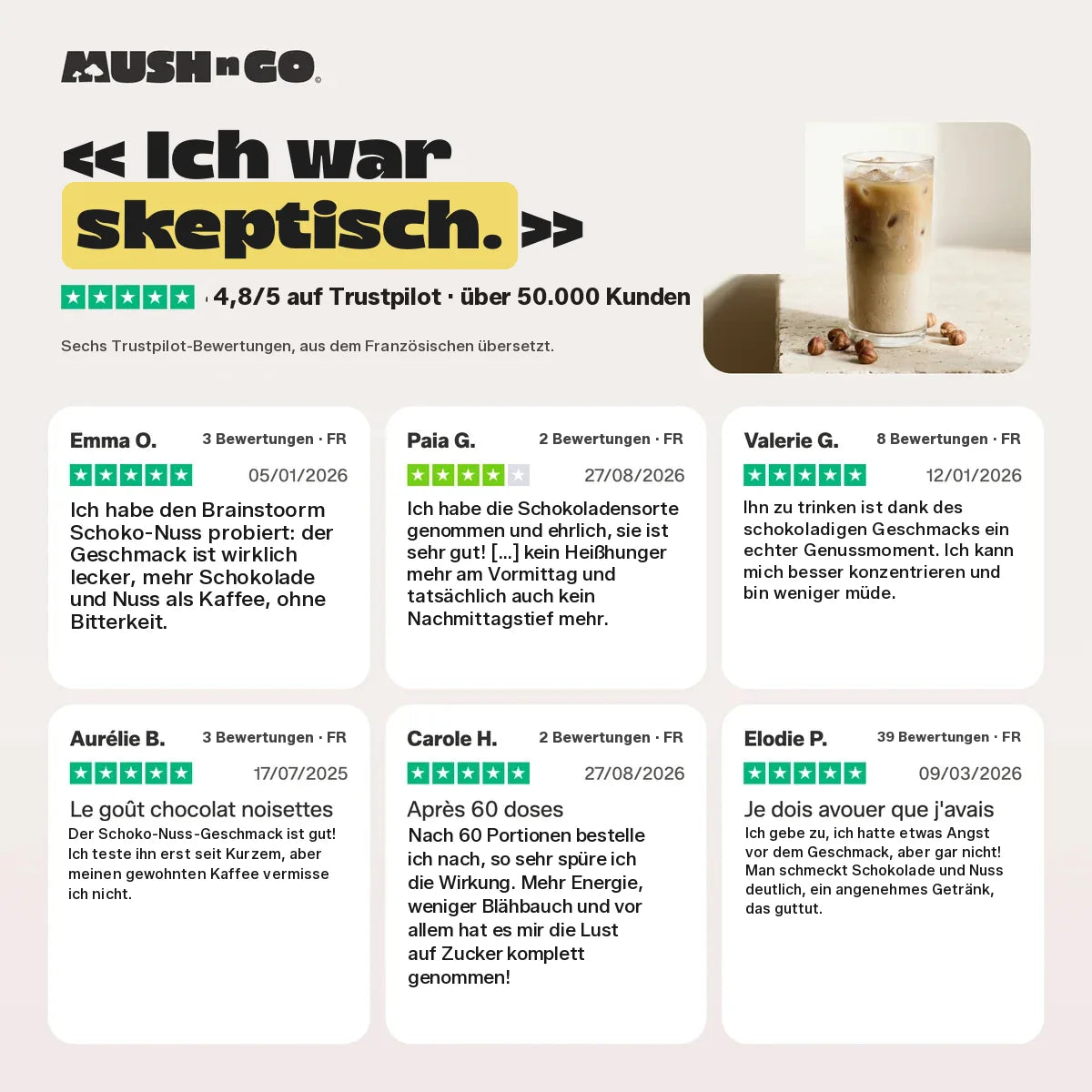 Sechs Trustpilot-Bewertungen, aus dem Französischen übersetzt