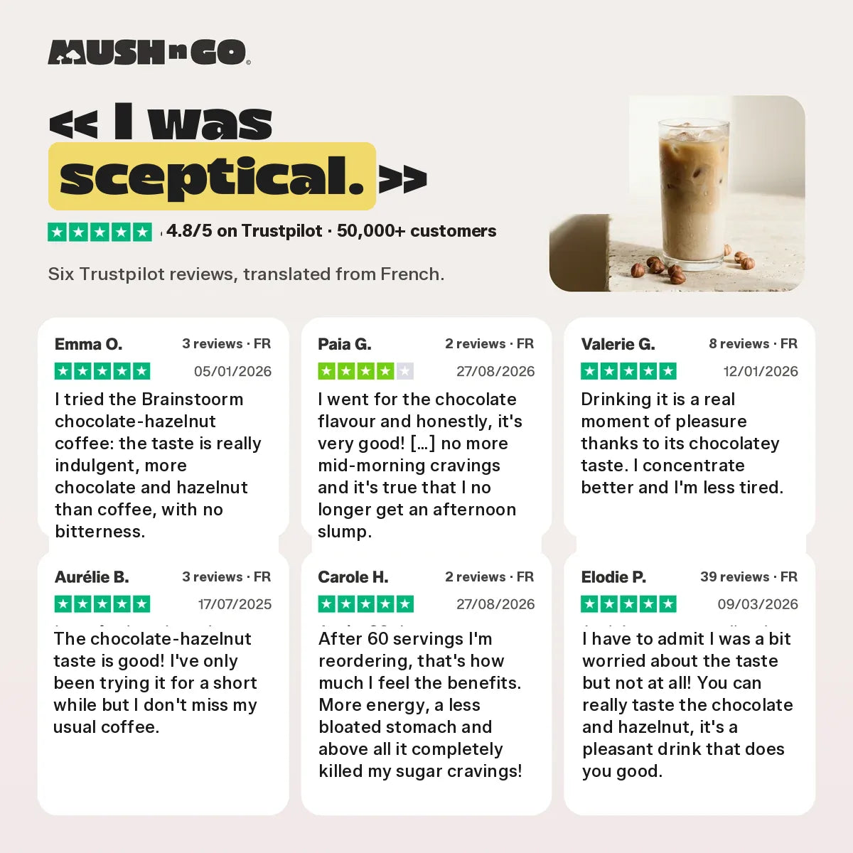 Six Trustpilot reviews, translated from French