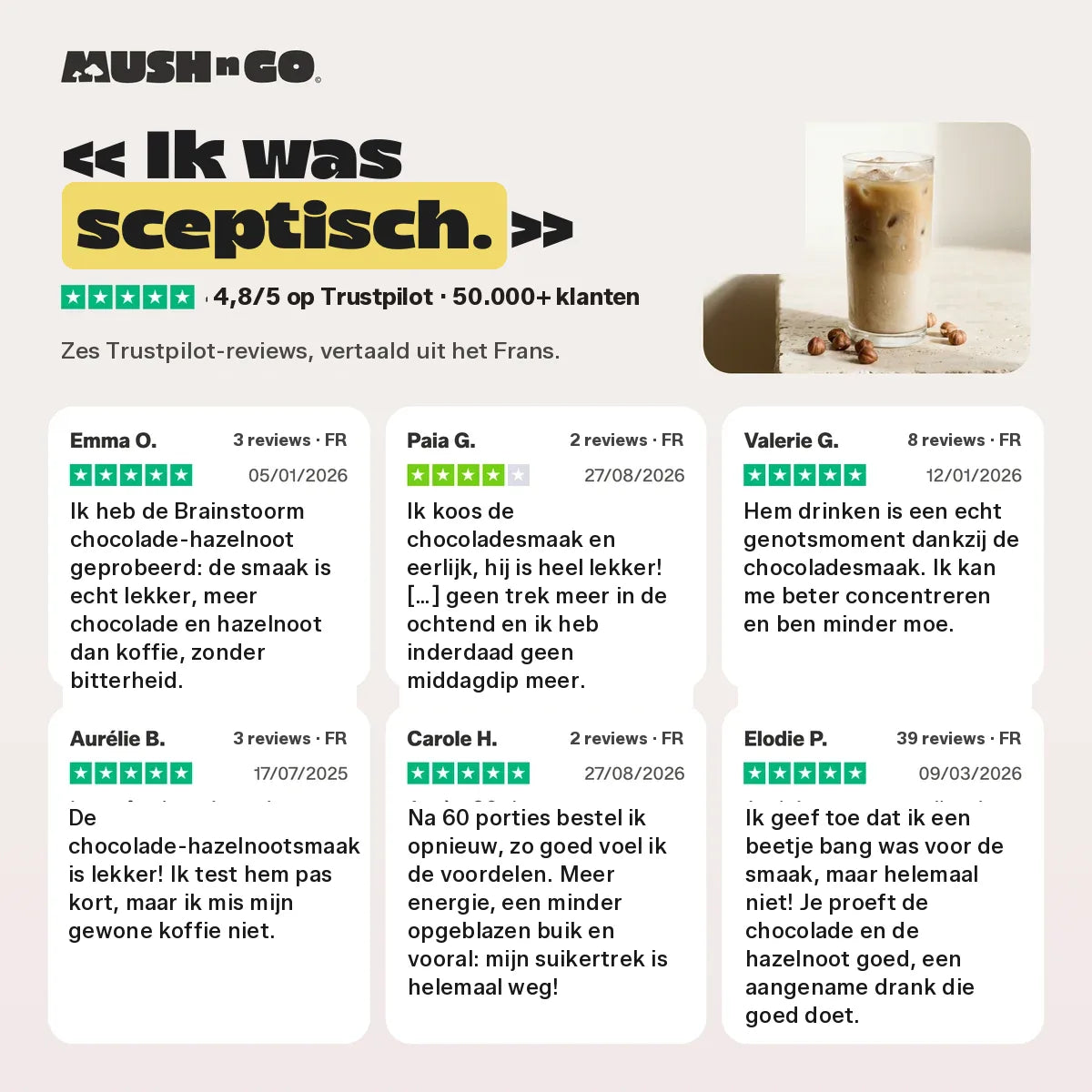 Zes Trustpilot-beoordelingen, vertaald uit het Frans