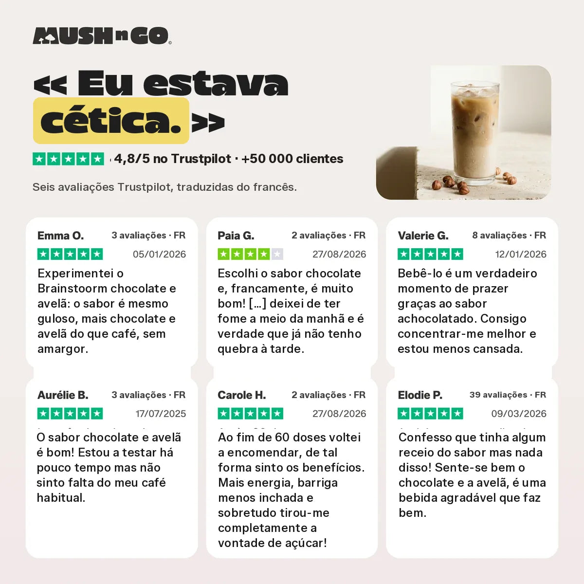 Seis avaliações Trustpilot, traduzidas do francês