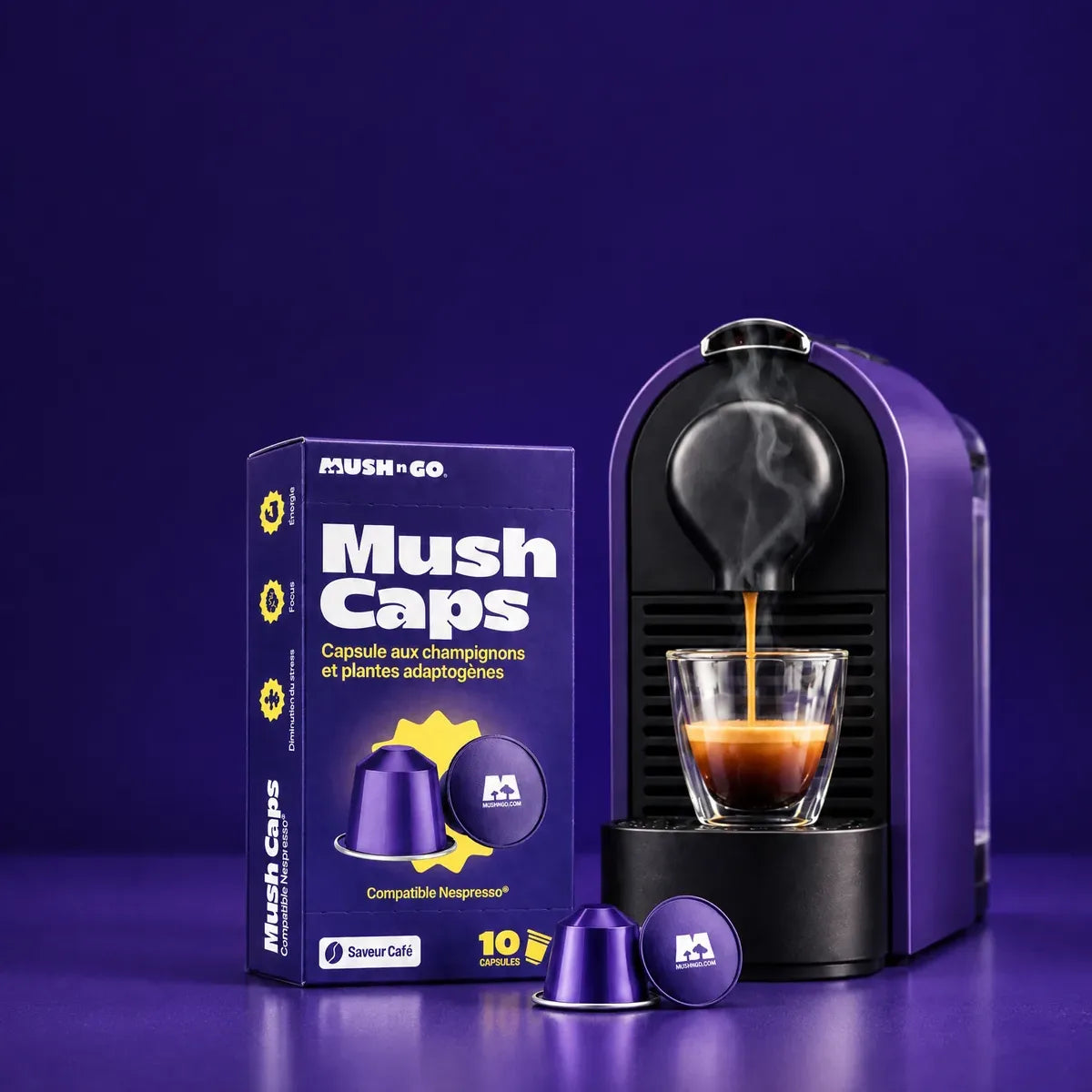 Boîte Mush Caps, machine violette et espresso