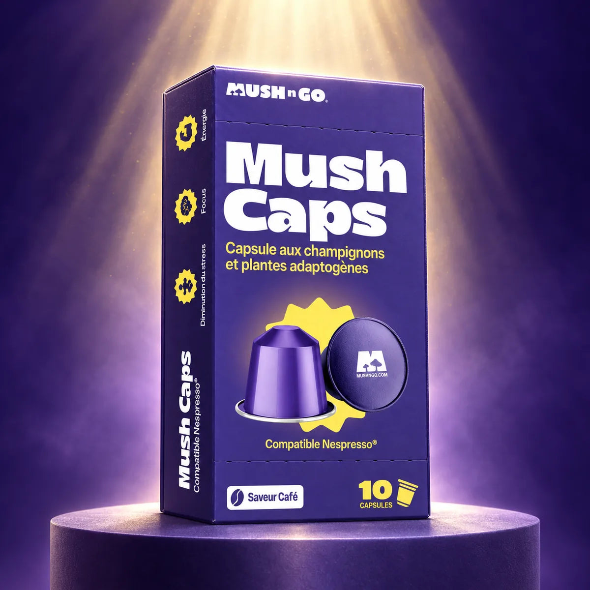 La boîte Mush Caps sur un podium