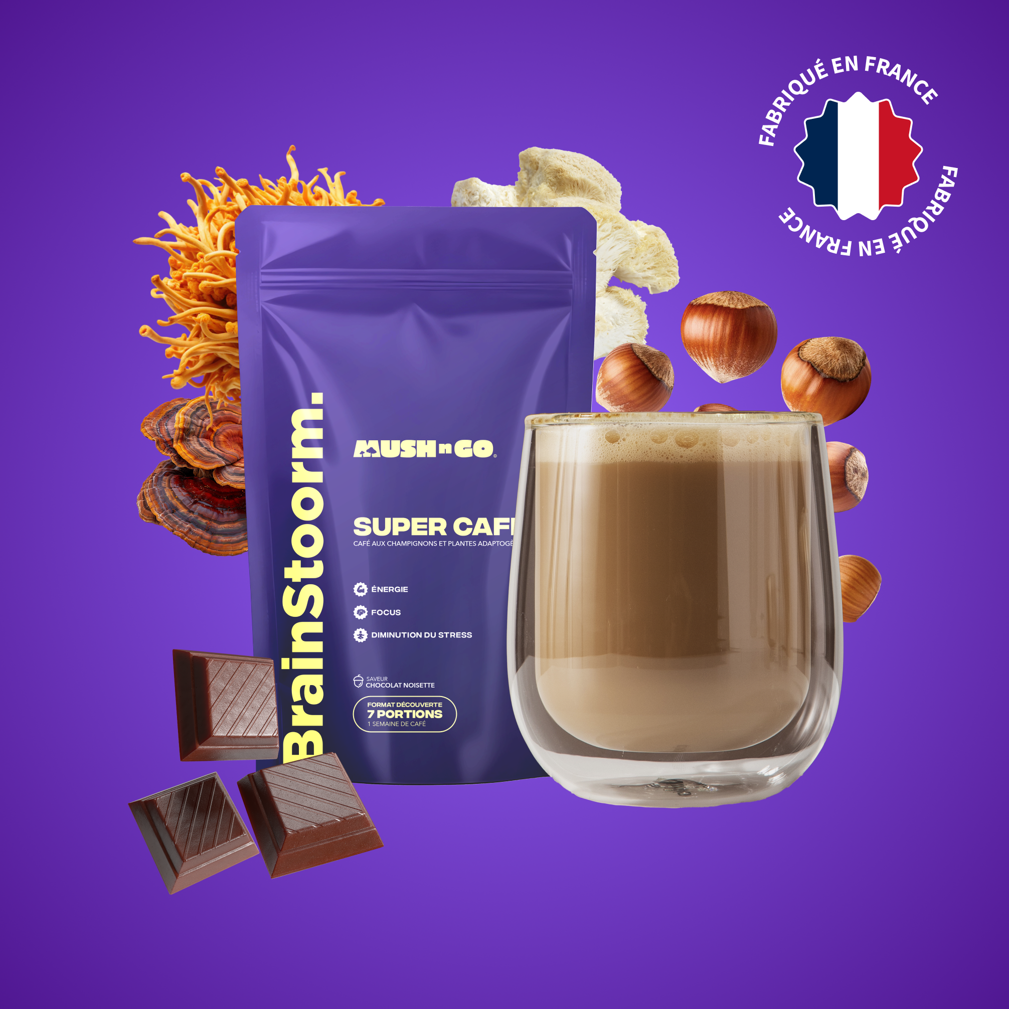 Brainstoorm Super Café aux champignons adaptogènes format de poche - Mush n Go fabriqué en France