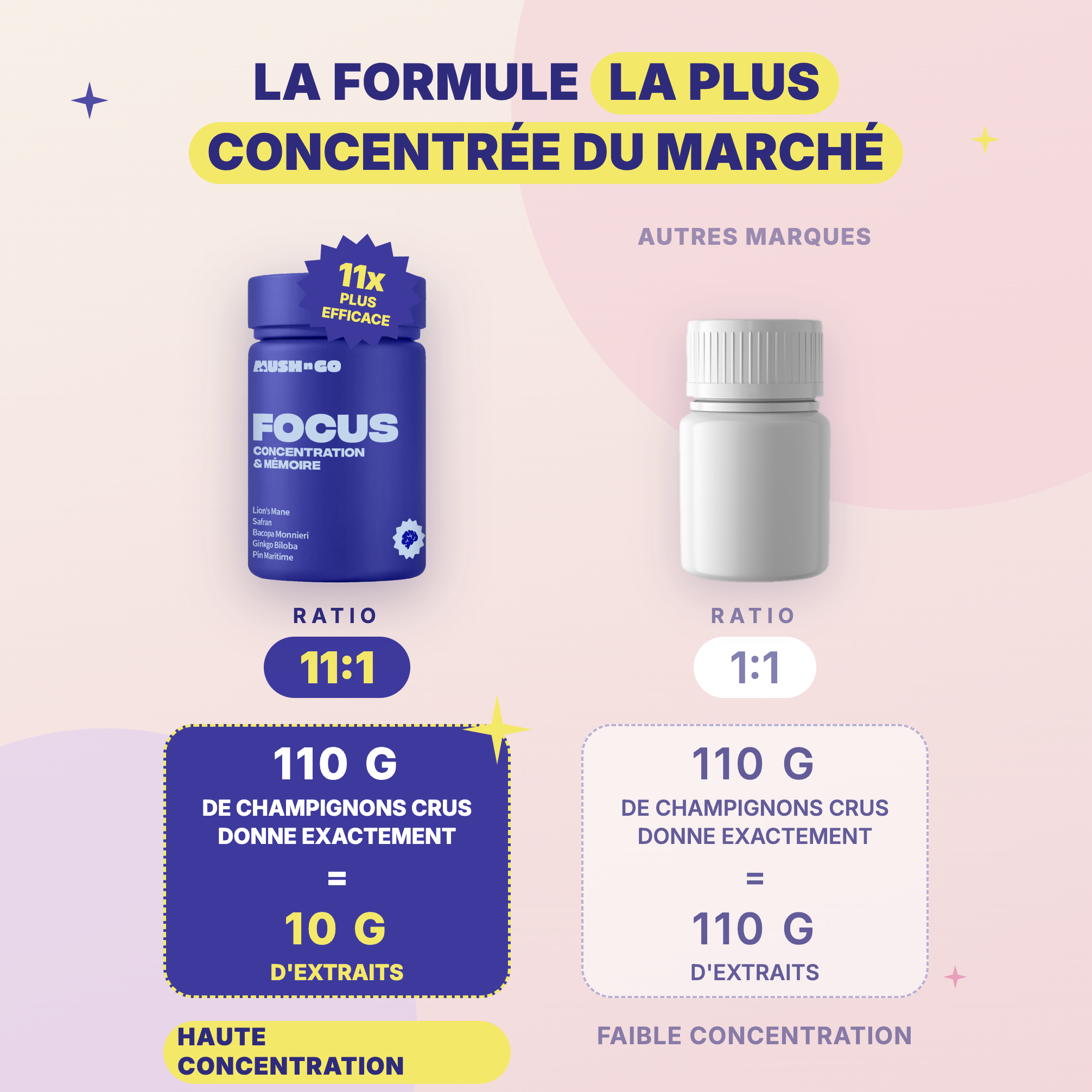 Focus Mush n Go - La formule la plus concentrée du marché, ratio 11:1, haute concentration en extraits de champignons