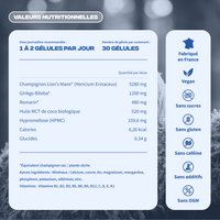 Valeurs nutritionnelles Focus Mush n Go - Vegan, sans gluten, sans sucres, sans OGM, fabriqué en France, 30 gélules