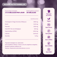 Valeurs nutritionnelles Immunité Mush n Go - Vegan, sans gluten, sans caféine, sans additifs, fabriqué en France