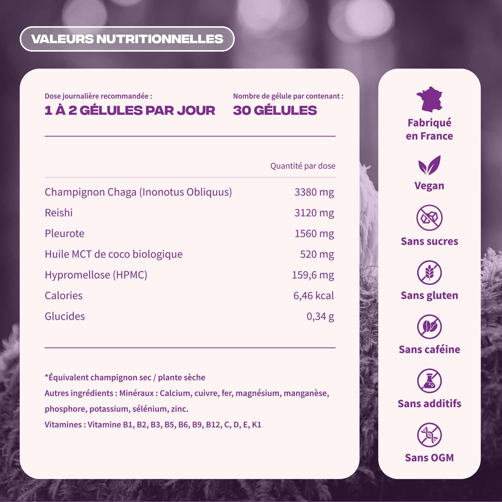 Valeurs nutritionnelles Immunité Mush n Go - Vegan, sans gluten, sans caféine, sans additifs, fabriqué en France