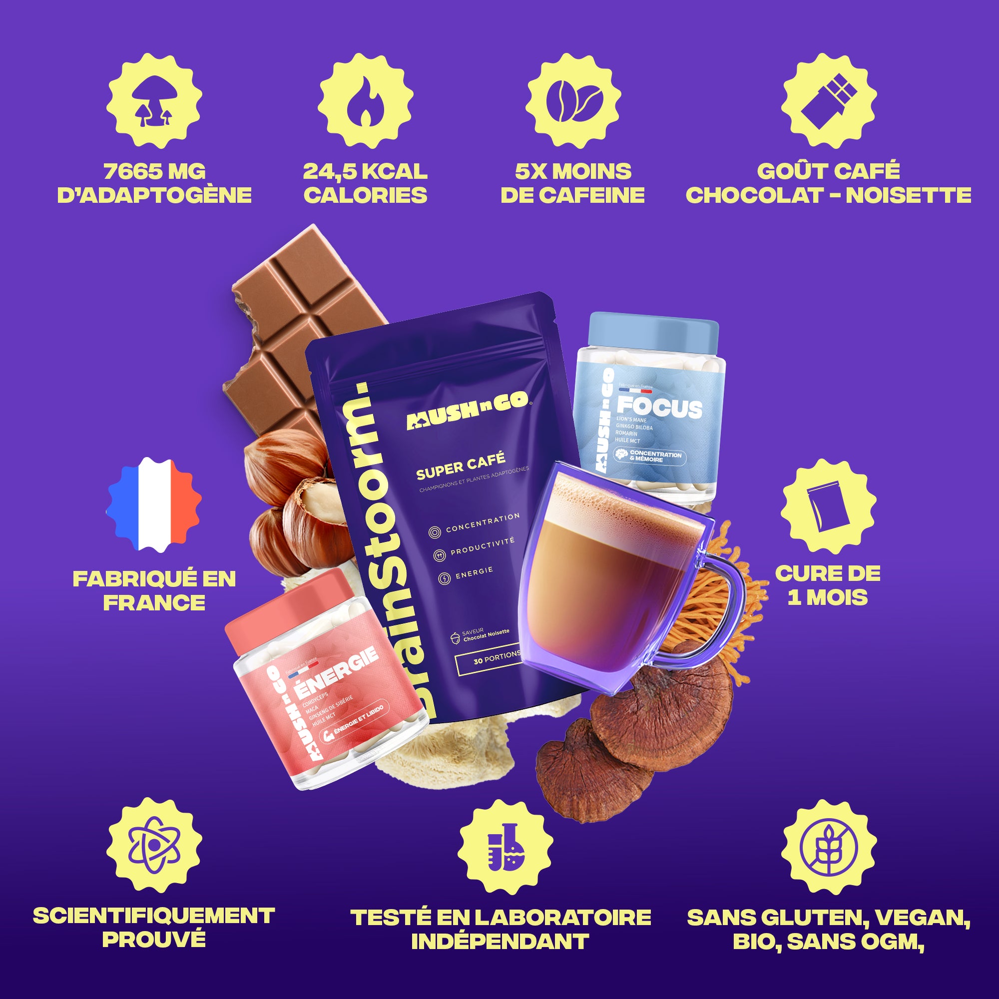 Pack BrainPower 7665mg adaptogènes cure 1 mois - vegan sans gluten bio fabriqué en France - Mush n Go