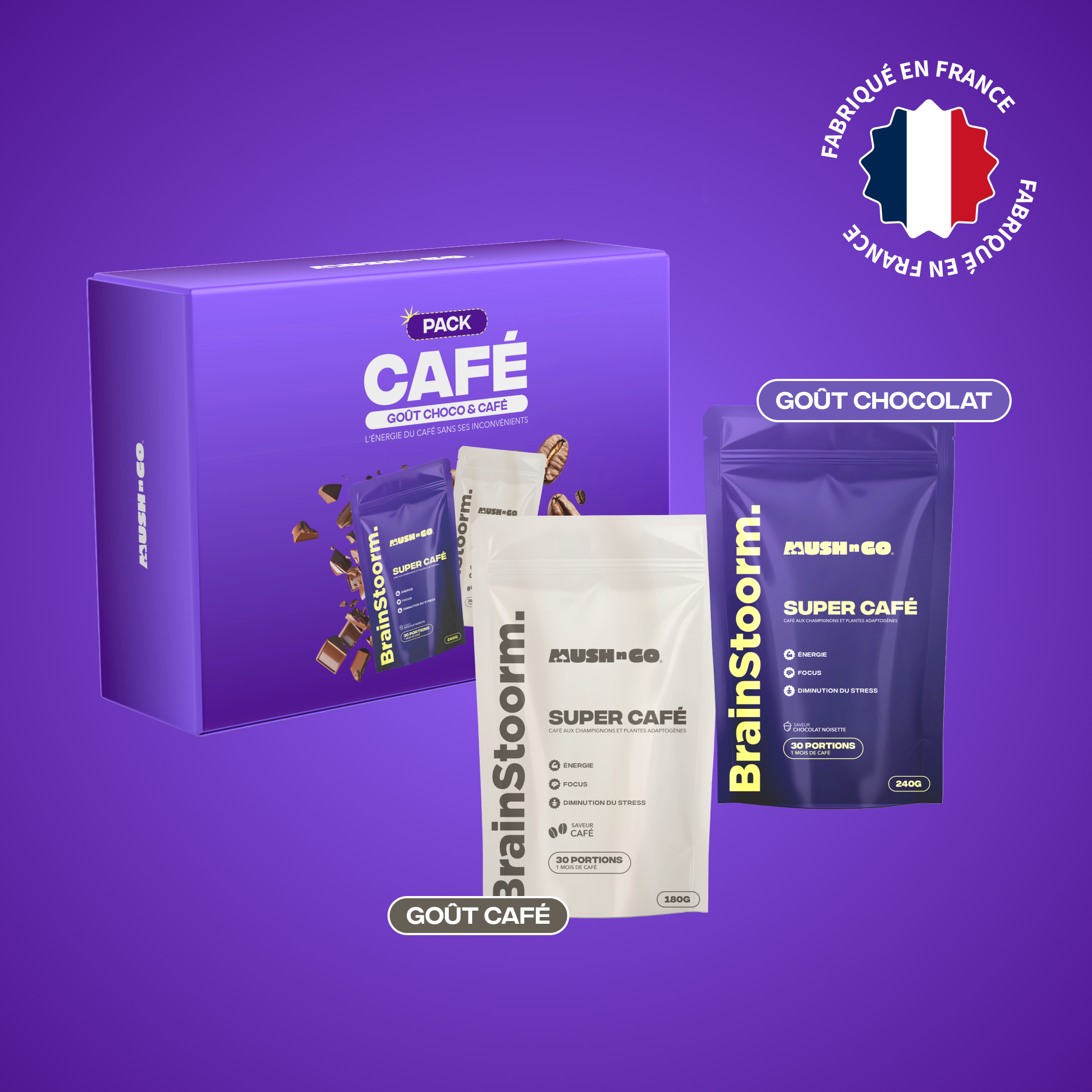 Pack Café goût Choco et Café aux champignons adaptogènes - Mush n Go fabriqué en France