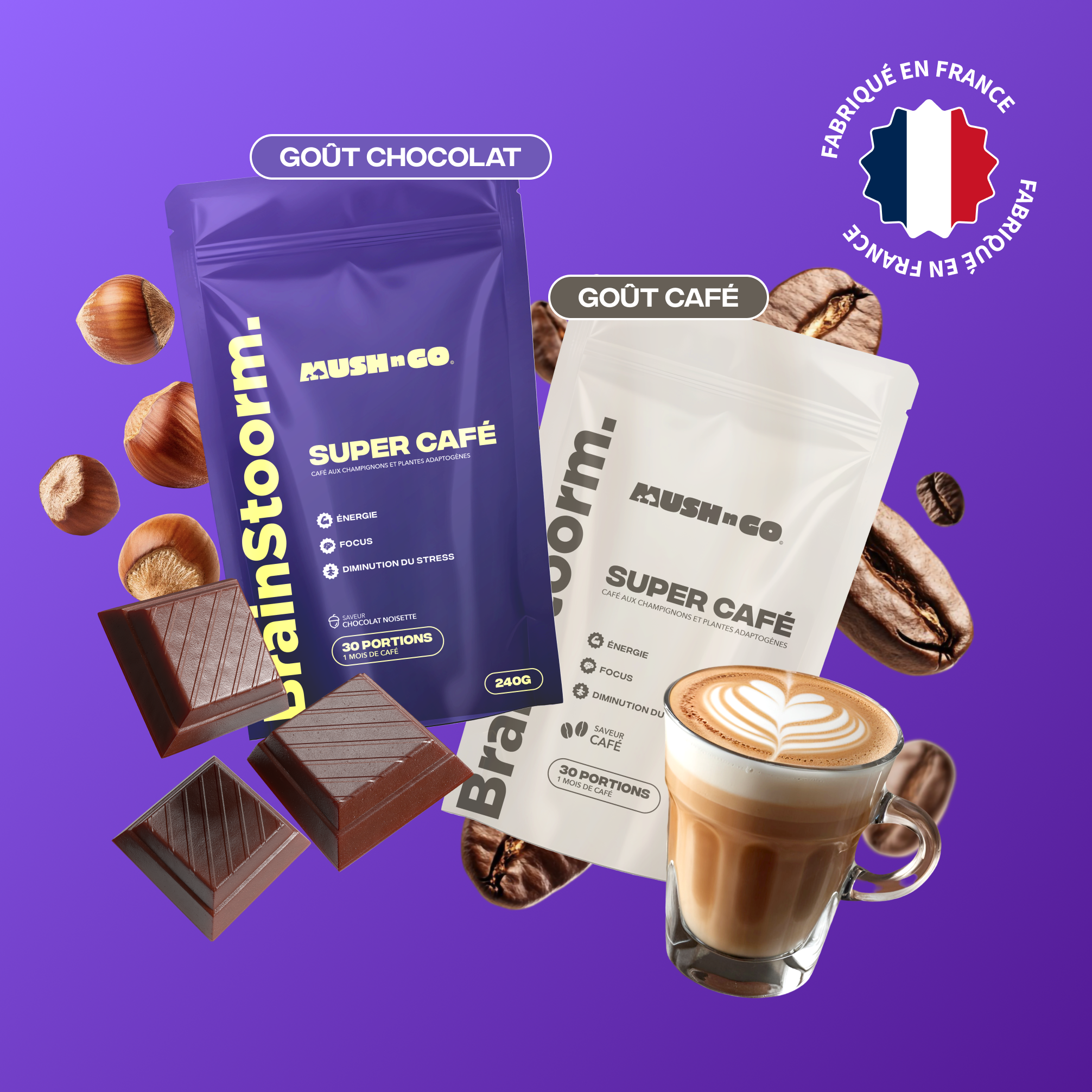 Brainstoorm Super Café goût Chocolat et goût Café avec chocolat noisettes et latte - Mush n Go