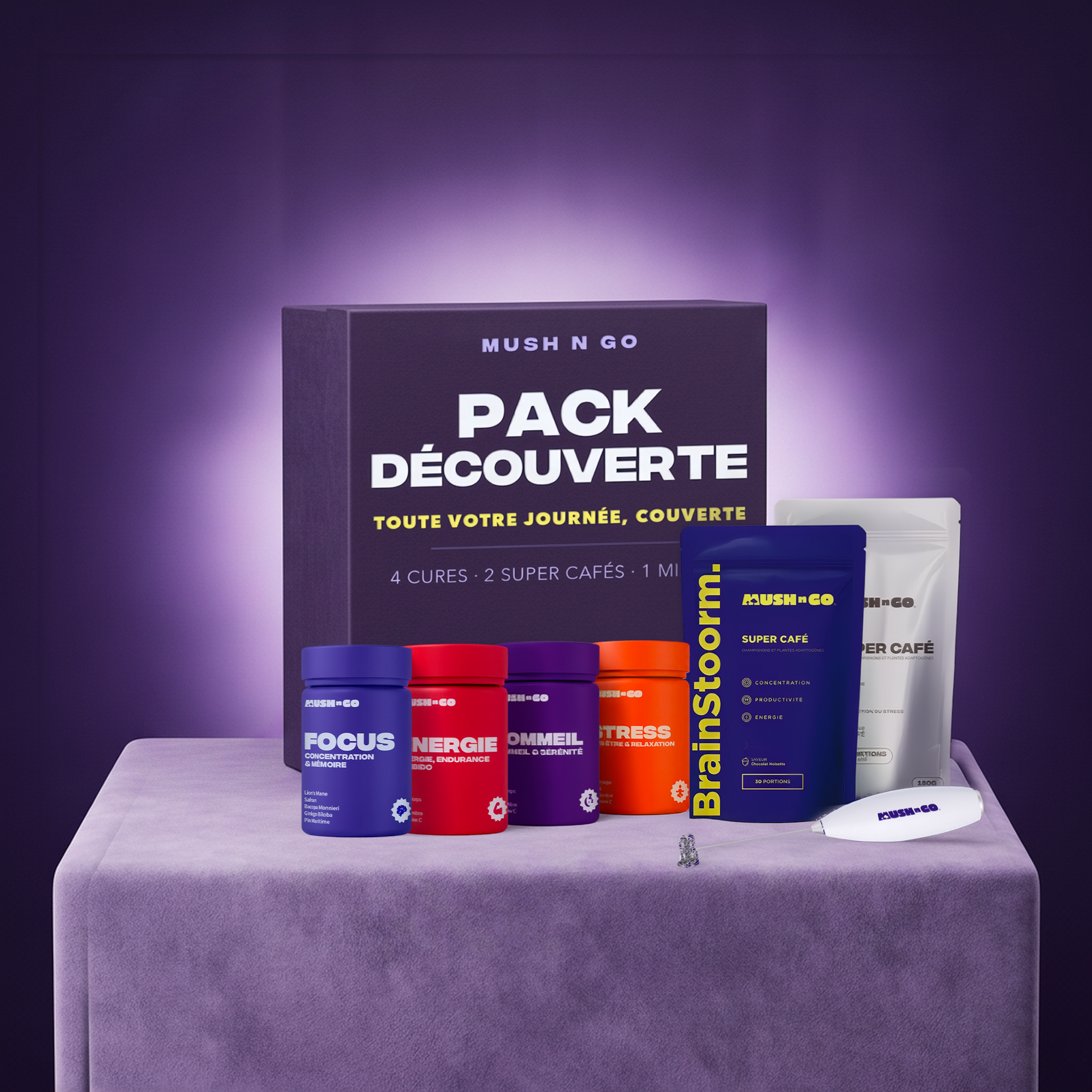 Pack Découverte Mush n Go - Focus, Énergie, Anti-Stress et Sommeil, 2 Brainstoorm super café et mixeur à lait