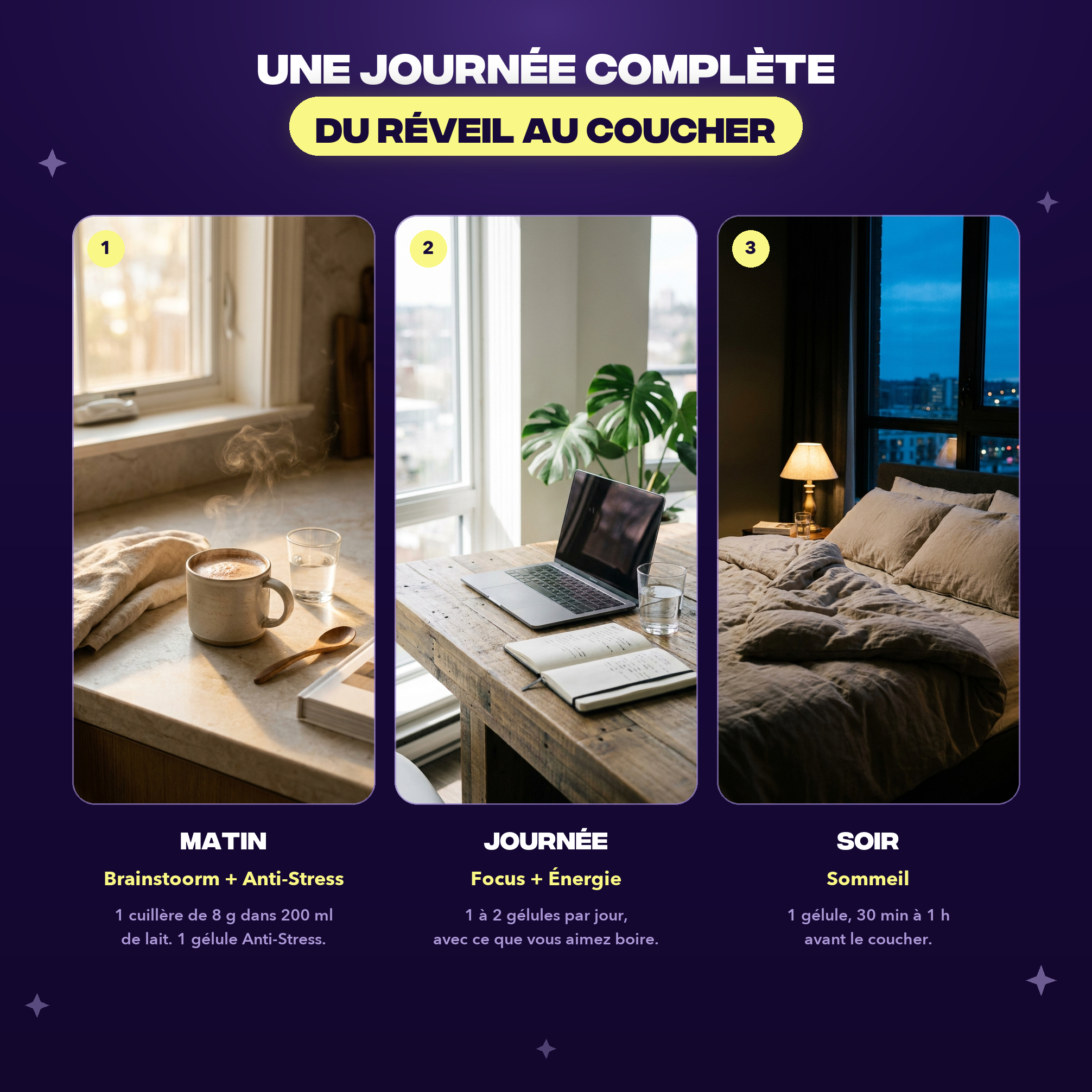 Posologie du Pack Découverte Mush n Go - Brainstoorm et Anti-Stress le matin, Focus et Énergie dans la journée, Sommeil au coucher