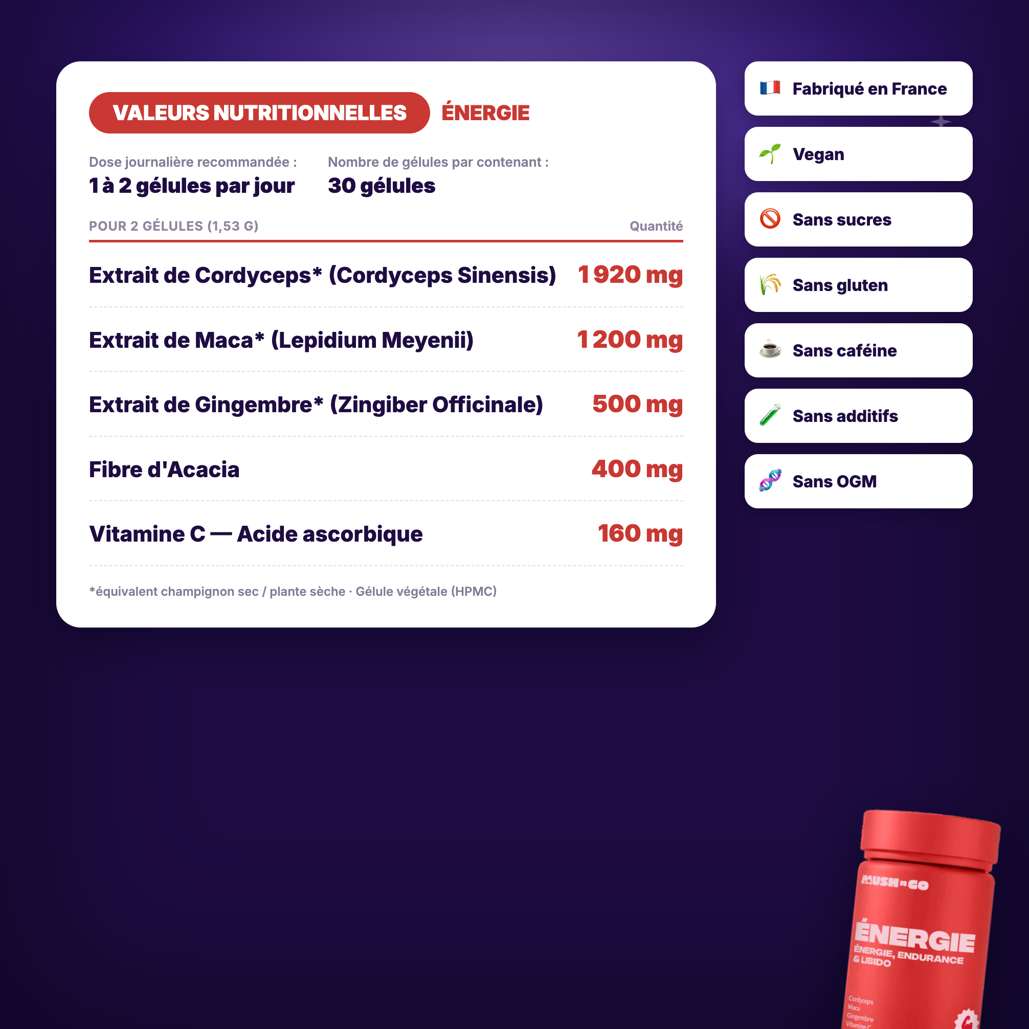 Valeurs nutritionnelles Énergie - Cordyceps, Maca, Gingembre et Vitamine C