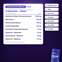 Valeurs nutritionnelles Focus - Lion's Mane, Bacopa Monnieri, Ginkgo Biloba, Pin Maritime et Safran