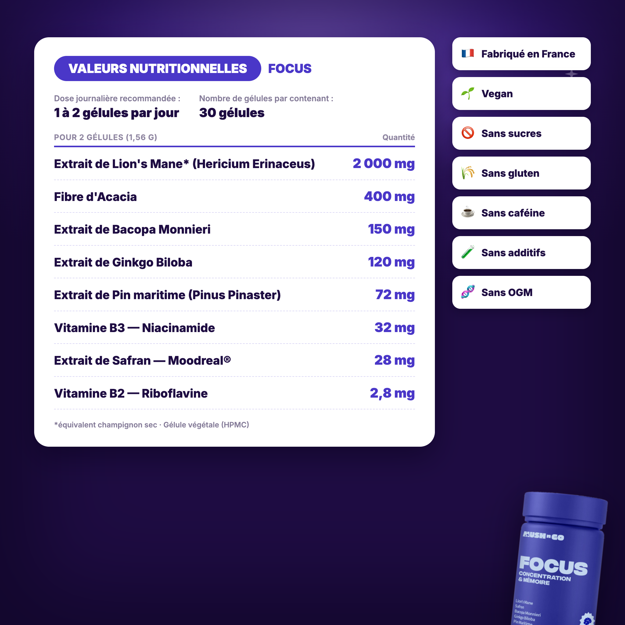 Valeurs nutritionnelles Focus - Lion's Mane, Bacopa Monnieri, Ginkgo Biloba, Pin Maritime et Safran