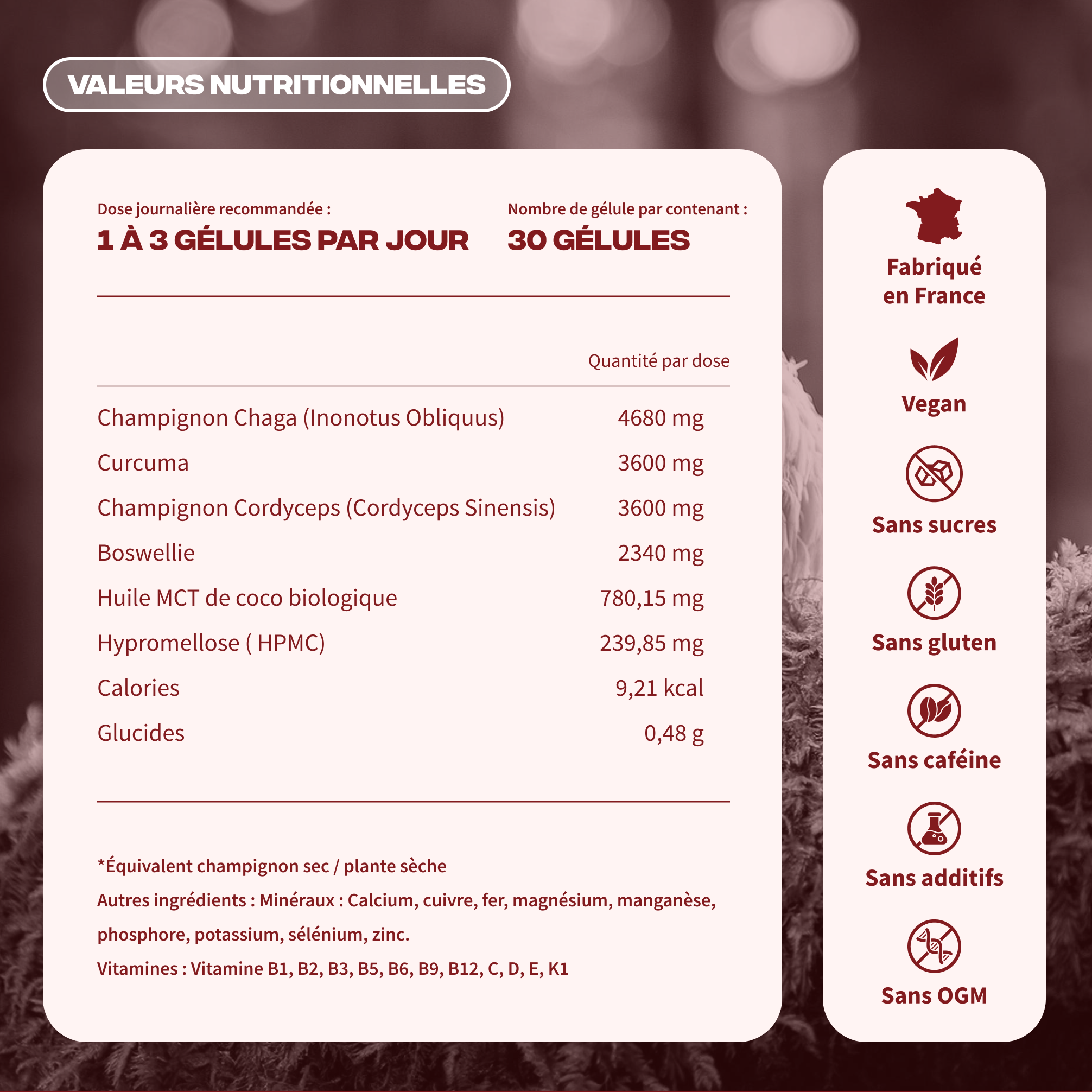 Valeurs nutritionnelles Récupération Musculaire Mush n Go - Vegan, sans gluten, sans caféine, sans additifs, fabriqué en France