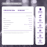 Valeurs nutritionnelles Sommeil+ Mush n Go - Reishi 1950 mg, Valériane 600 mg, Bisglycinate de Magnésium 300 mg dont 60 mg de magnésium, Acacia 100 mg, Mélatonine 1,9 mg