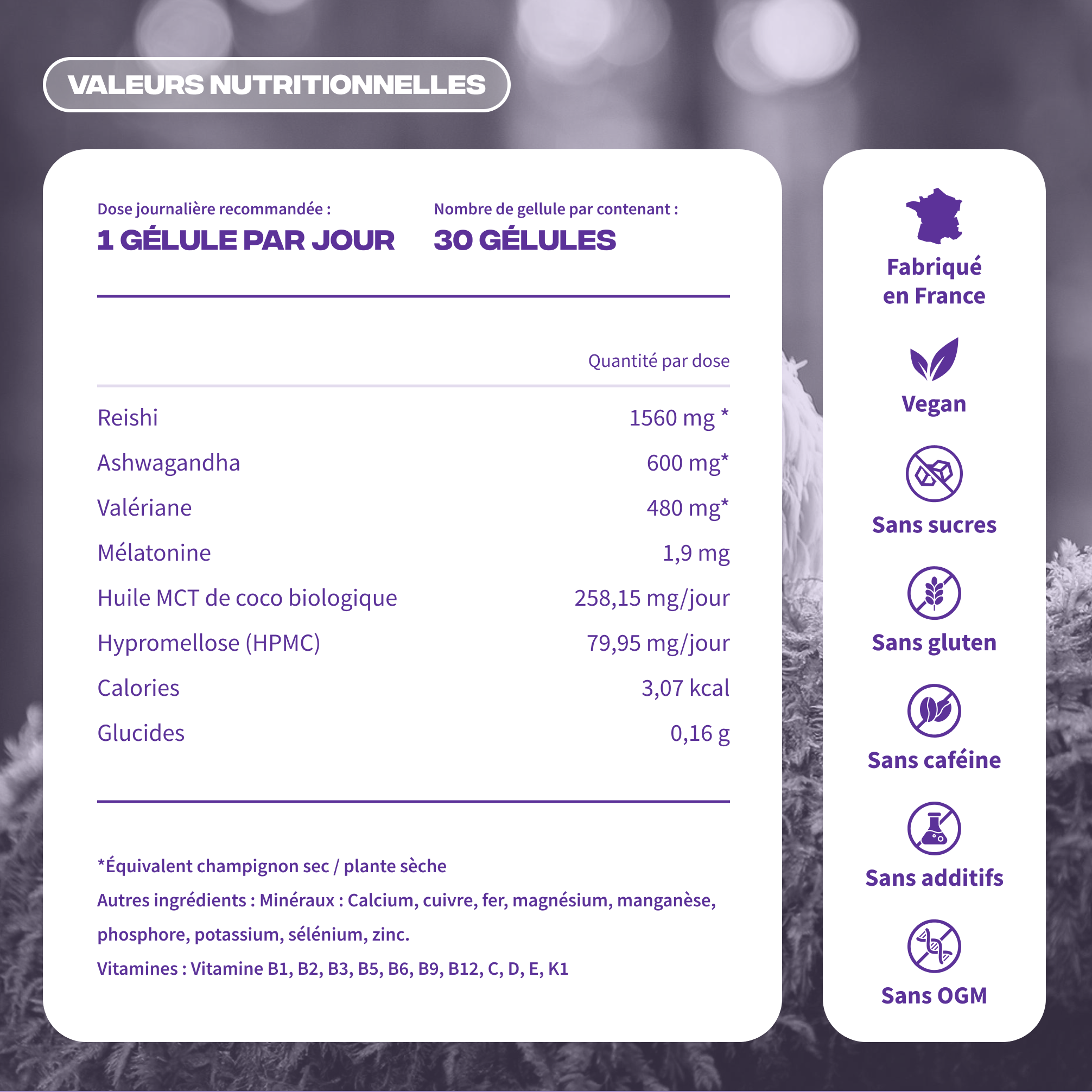 Valeurs nutritionnelles Sommeil+ Mush n Go - Vegan, sans gluten, sans caféine, sans additifs, fabriqué en France