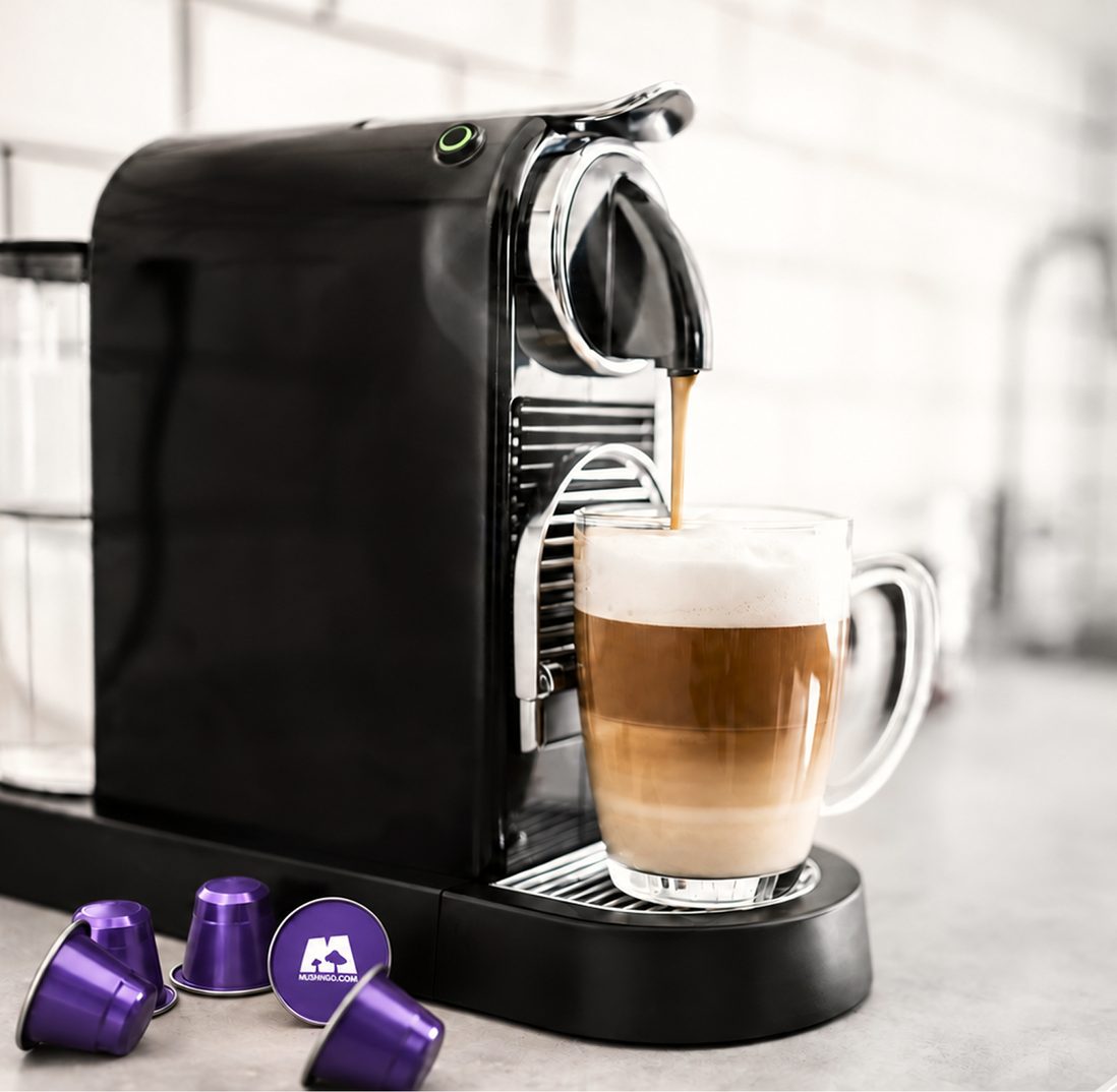 Une machine à capsules noire dans une cuisine, un café qui coule dans un verre, des capsules Mush Caps à côté