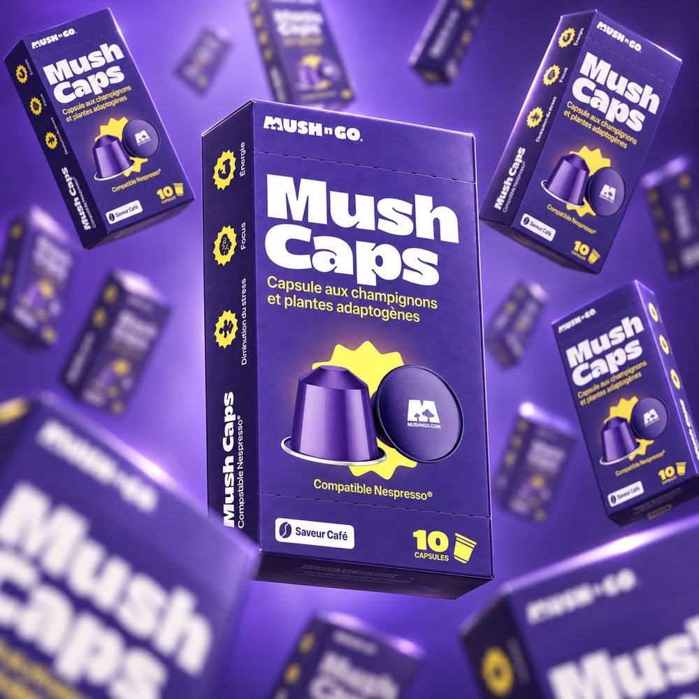 Des dizaines de boîtes Mush Caps en lévitation, une seule nette au centre