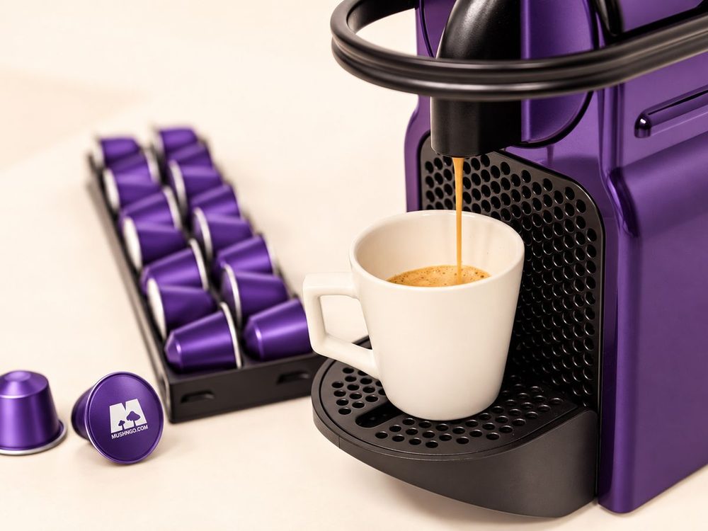 Un café qui coule dans une tasse sous une machine à capsules, à côté d'un porte-capsules rempli de capsules Mush Caps