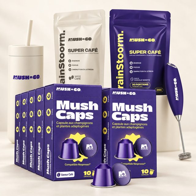 Les boîtes Mush Caps, les deux paquets Brainstoorm, la gourde et le mousseur