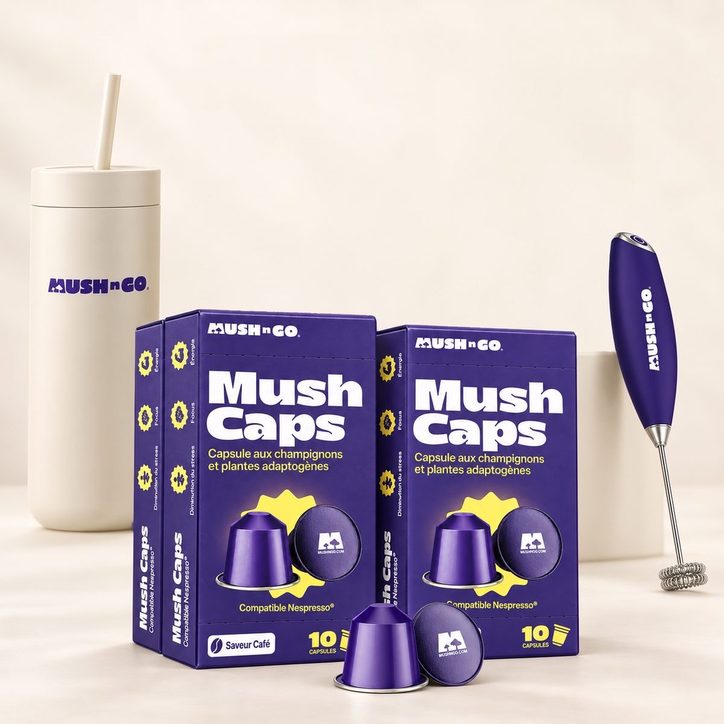 Contenu du pack Rituel&nbsp;: 4 boîtes Mush Caps, la gourde et le mousseur