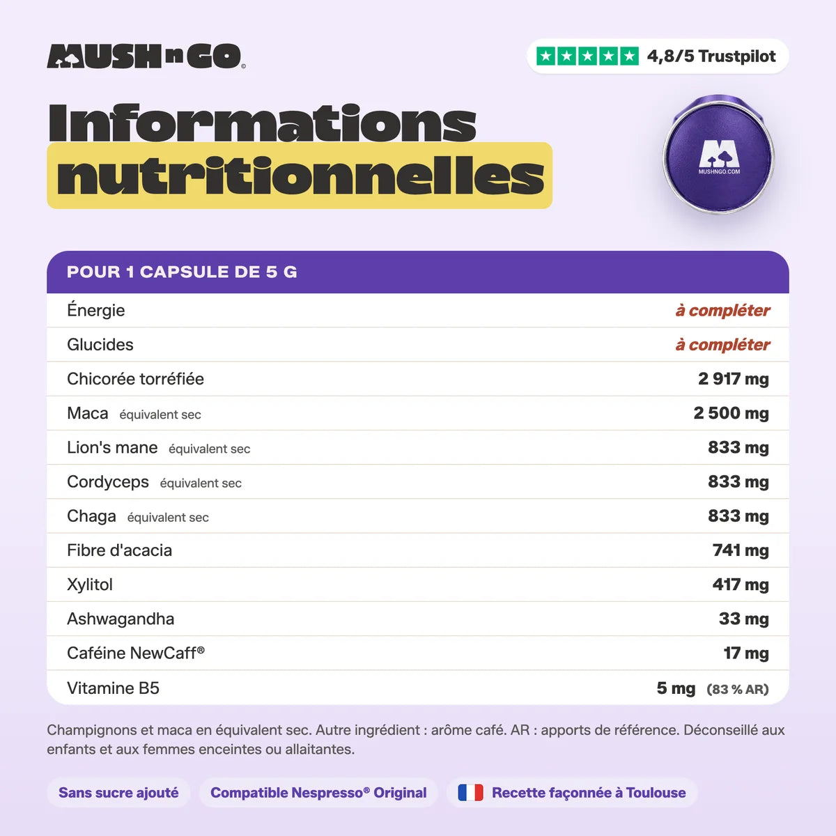 Nutritional information for 1 Mush Caps capsule (5 g)