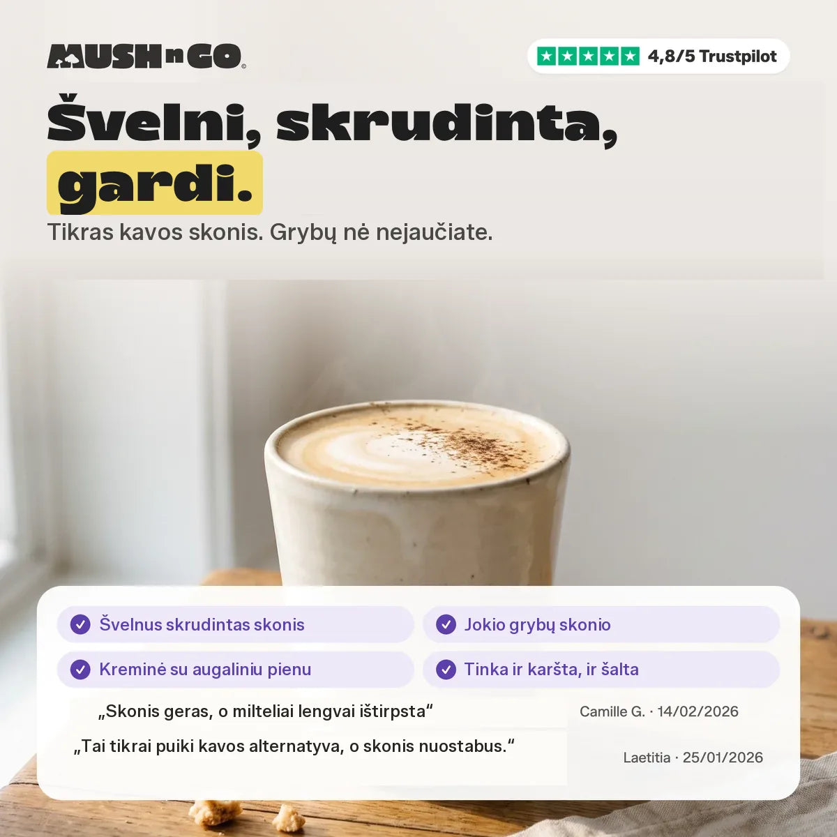 Švelnus, skrudintas, gardus: skonis