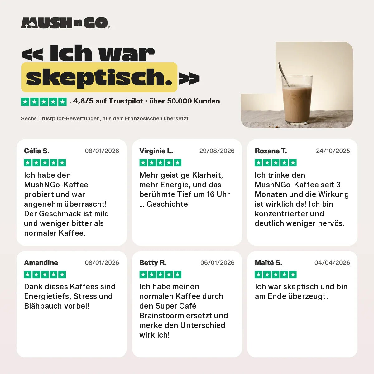 Sechs Trustpilot-Bewertungen, aus dem Französischen übersetzt
