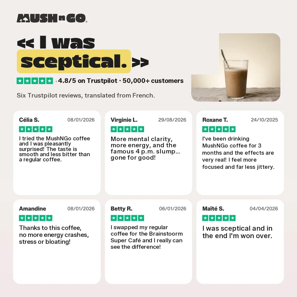 Six Trustpilot reviews, translated from French