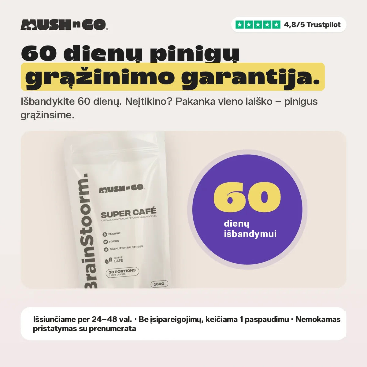 60 dienų pinigų grąžinimo garantija