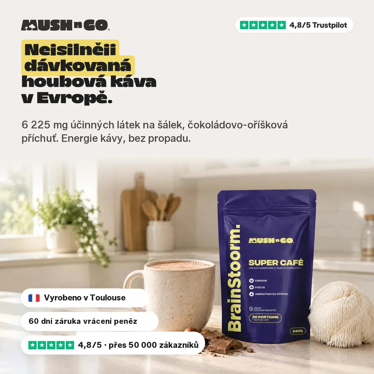 Brainstoorm Chocolat, nejsilněji dávkovaná houbová káva v Evropě