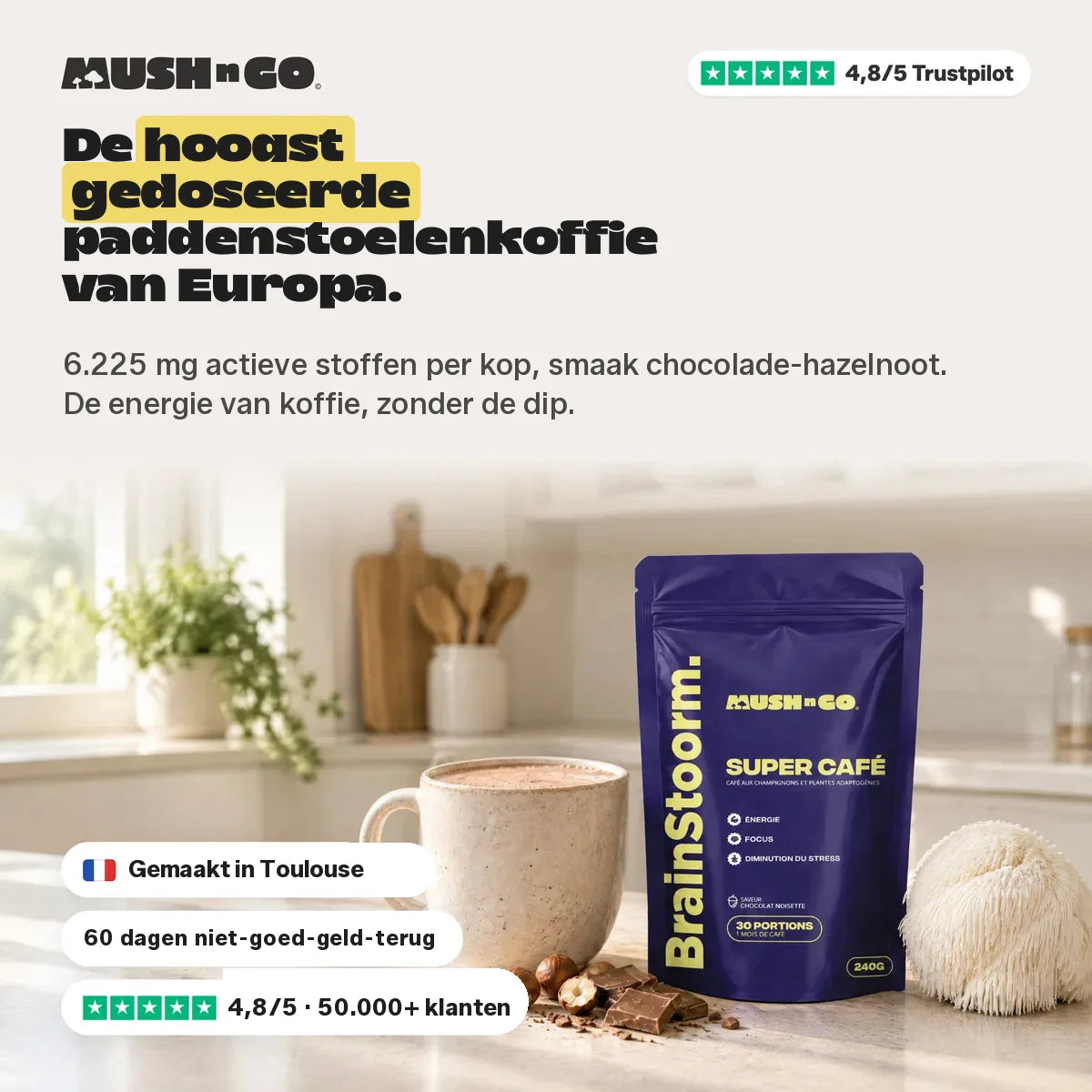 Brainstoorm Chocolat, de hoogst gedoseerde paddenstoelen koffie van Europa