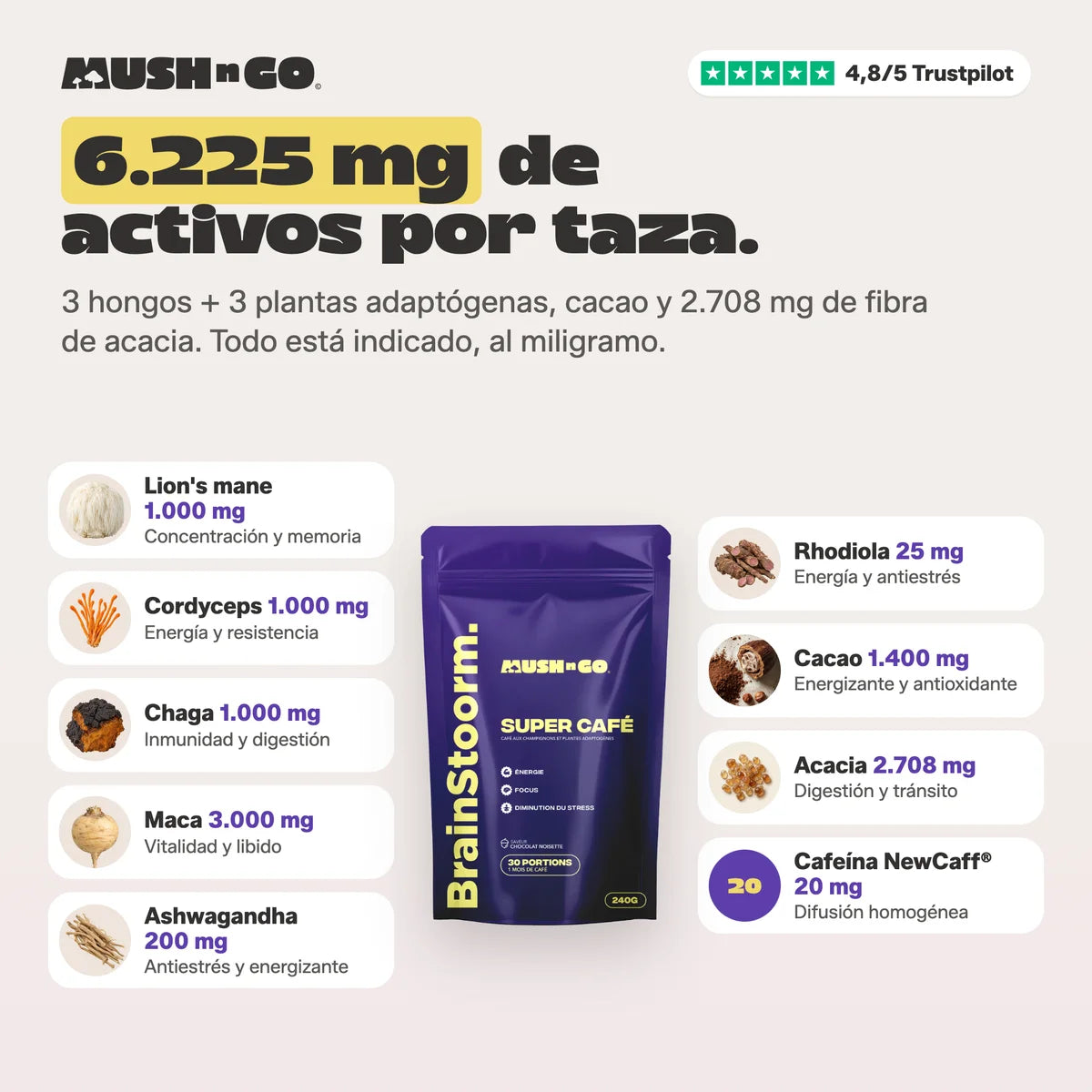 6.225 mg de activos por taza, ingrediente por ingrediente