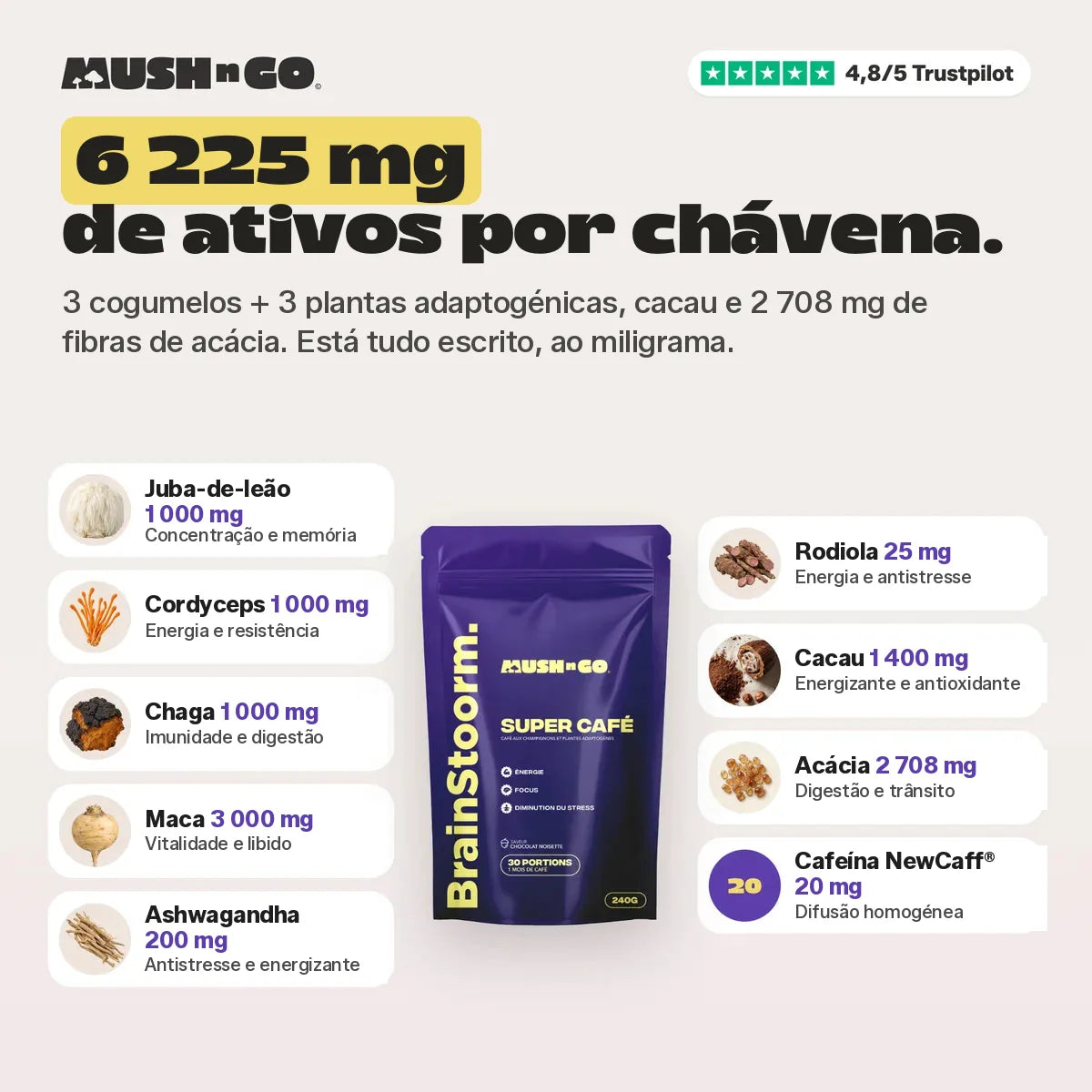 6.225 mg de ativos por chávena, ingrediente a ingrediente