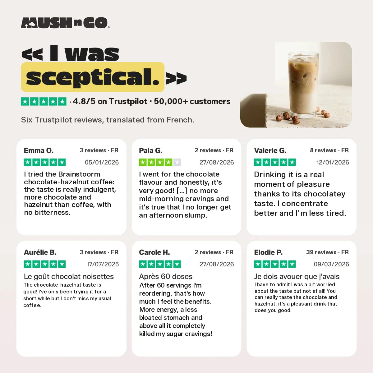 Six Trustpilot reviews, translated from French