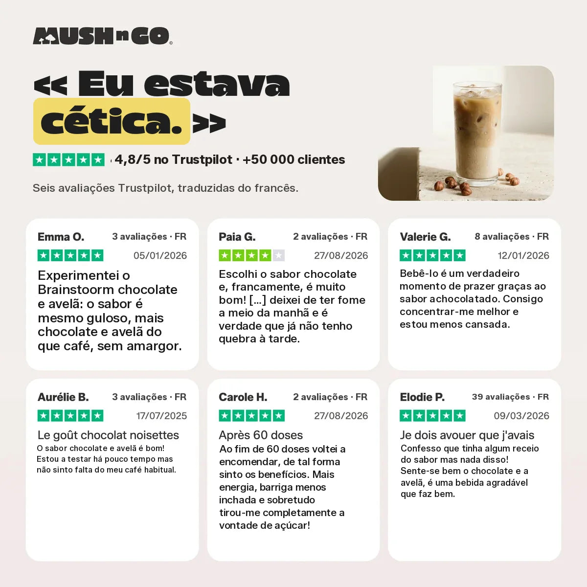 Seis avaliações Trustpilot, traduzidas do francês