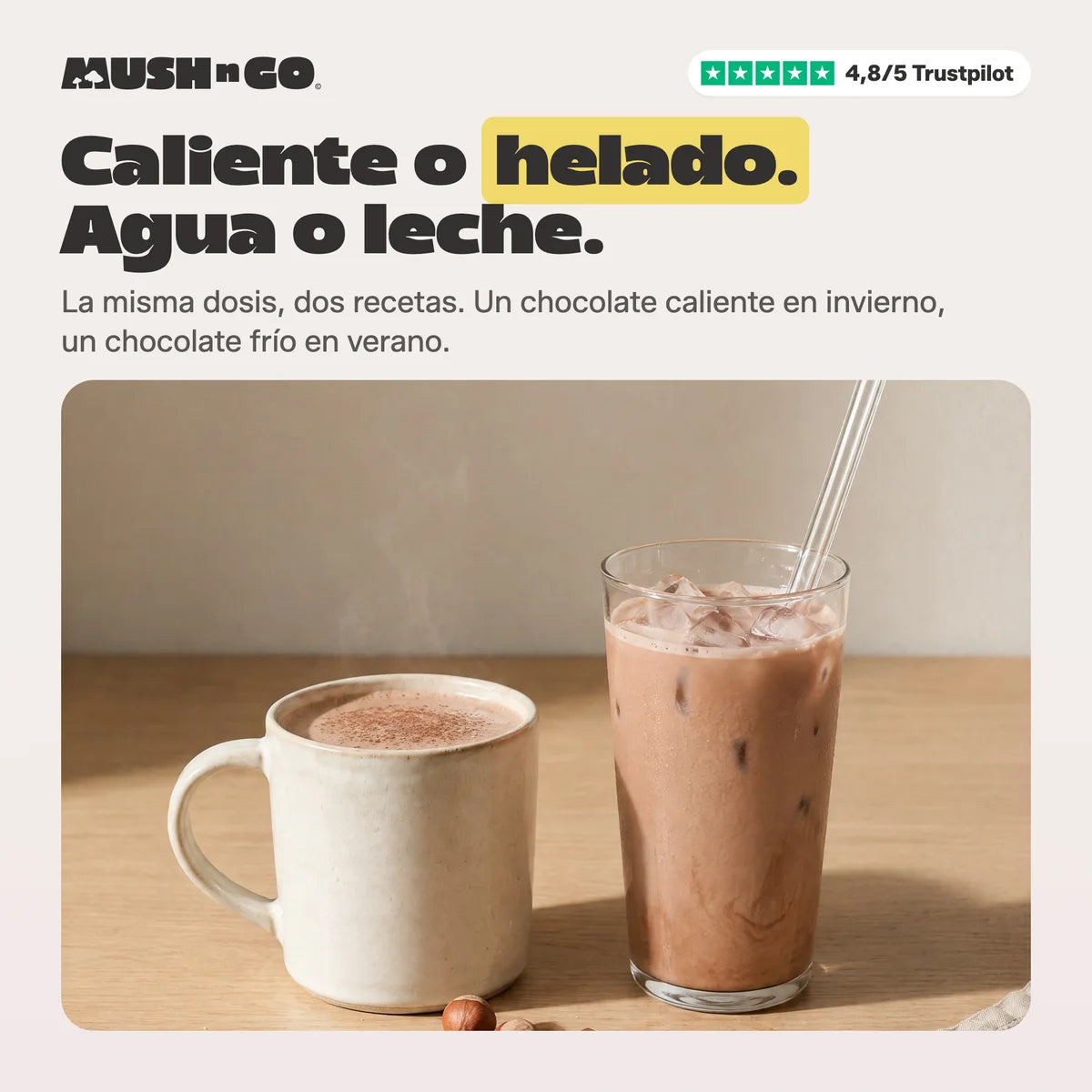 Caliente o helado, agua o leche