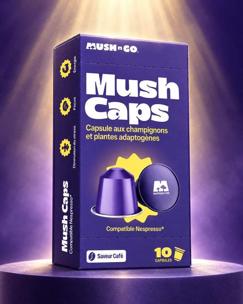 La boîte Mush Caps sur un podium